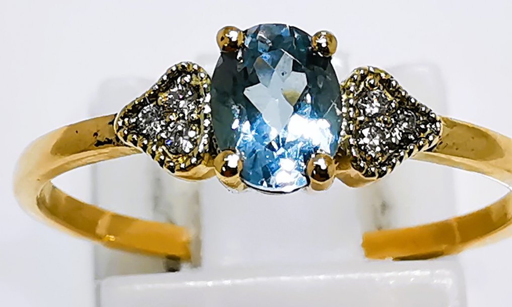 Ingen mindstepris - Ring - 14 karat Gulguld - 0.43ct. tw. Akvamarin - Diamant #1.0