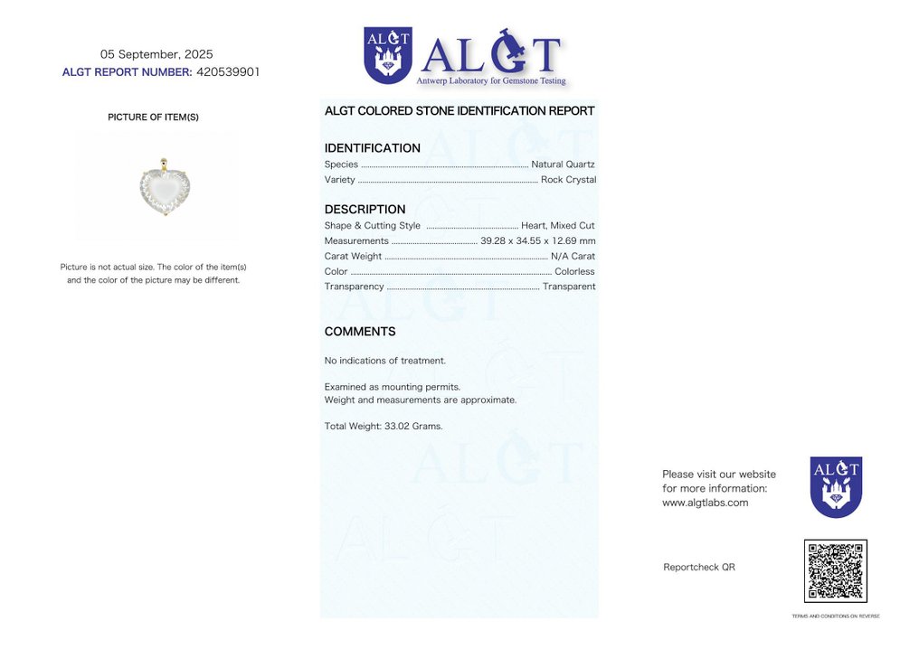 ALGT Certified - Huge and Masterful Natural Quartz Pendant - Extraordinary clarity that stands out at first glance- 33.02 g #2.1