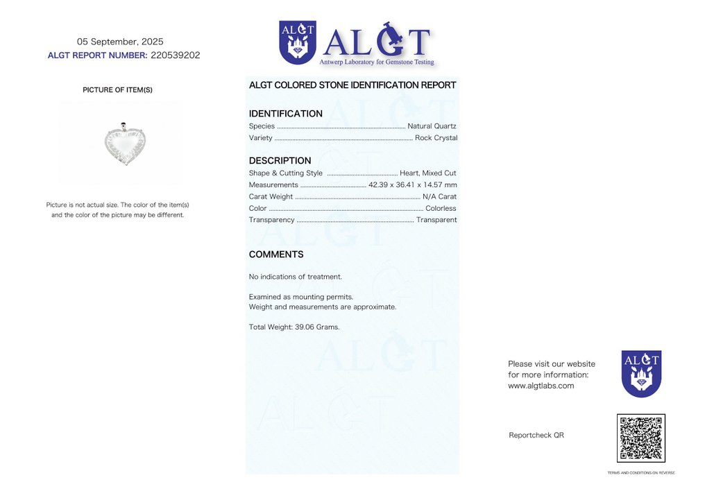 ALGT 认证 - 巨大且精湛的天然石英吊坠 以卓越的清晰度定义- 39.06 g #2.1