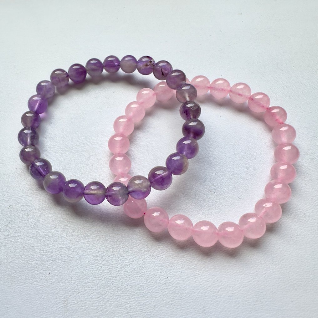 Ροζ χαλαζίας και αμέθυστος - Βραχιόλι με χάντρες #2.1