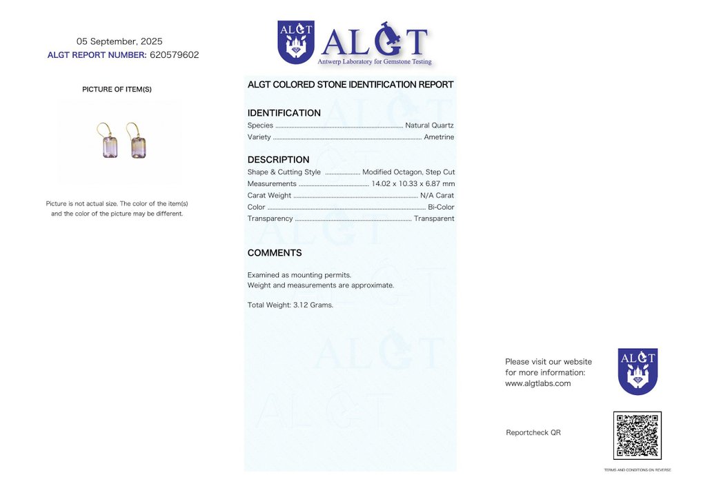 χωρίς τιμή ασφαλείας - Σκουλαρίκια - 18 καράτια Κίτρινο χρυσό Αμετρίνης - ALGT Πιστοποιημένο #2.1