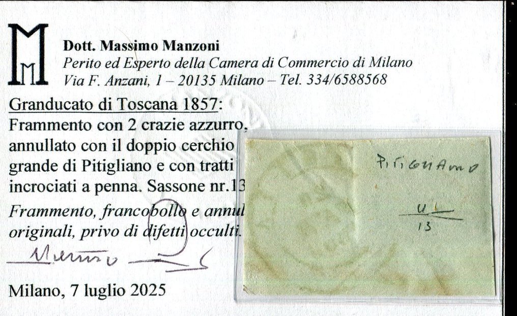 Anciens états italiens - Toscane 1857 - Le cachet rare de Pitigliano, 10 points. - Sassone 13 #2.1