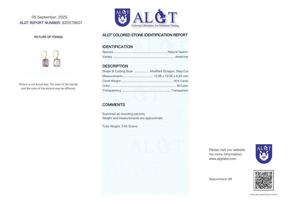 没有保留价 - 耳环 - 18K包金 黄金 紫黄晶 - ALGT 认证 #2.1