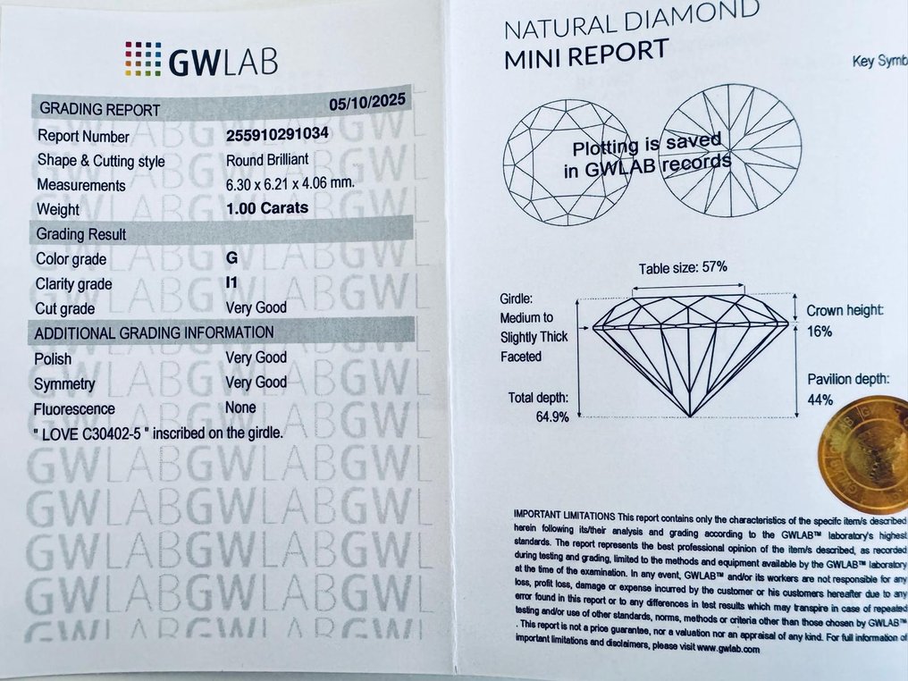 No Reserve Price - 1 pcs Diamond  (Natural)  - 1.00 ct - Round - G - I1 - Gemewizard Gemological Laboratory (GWLab) #3.2