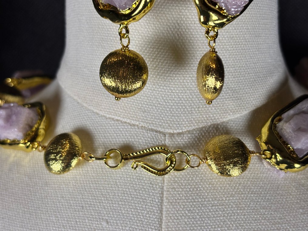 Kunzite brute naturelle plaquée or jaune de grade AAA - Ensemble de bijoux 2 pièces #3.2