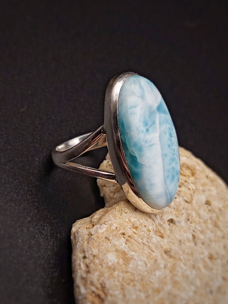 Anello in argento 925 con Larimar top quality, pezzo unico- 8.6 g - (1) #1.0