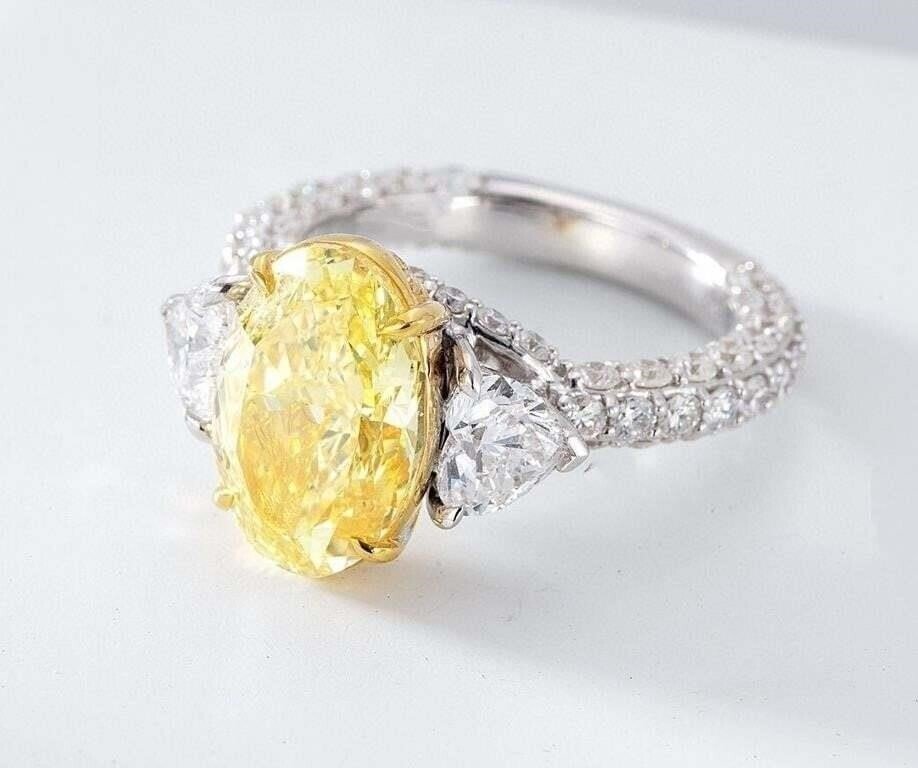 戒指 - 14K包金 白金, 黄金 -  5.00ct. tw. 钻石 (实验室培育) - 钻石 - 4.10Ct Vived Yellow #1.0