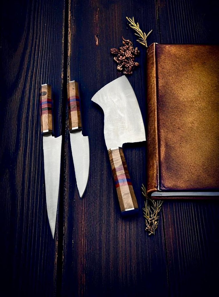 Set of THREE, Hand-Forged with Old DUAL polish Steel, Japanese Style Knives from Elite - Coltello da cucina - Chef's knife - Acciaio, Legno, Set squisito di 3 coltelli vintage in acciaio giapponese antico forgiato a mano con doppia - Giappone #1.0