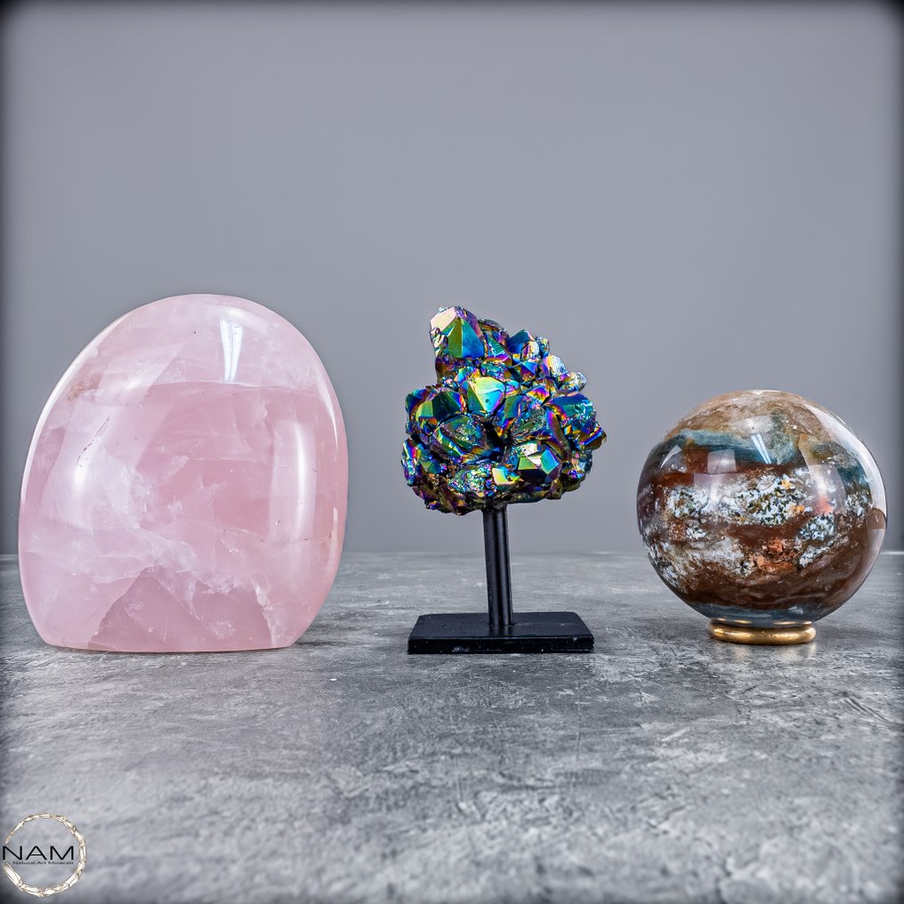 Elegant gemstone set – rose quartz freeform, aura, and ocean jasper sphere. Madagascar full of magic and energy.- 1082.11 g - (3) #1.0