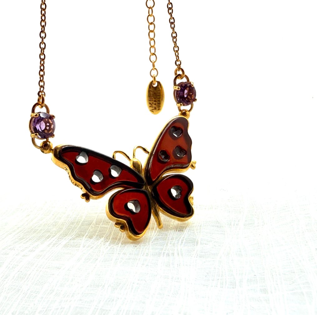 Μανταλάκι με χειροποίητη πεταλούδα από κεχριμπάρι σε ασήμι 925 10,1γρ. - Κεχριμπάρι - Succinite / fossilized pine tree resin #1.0