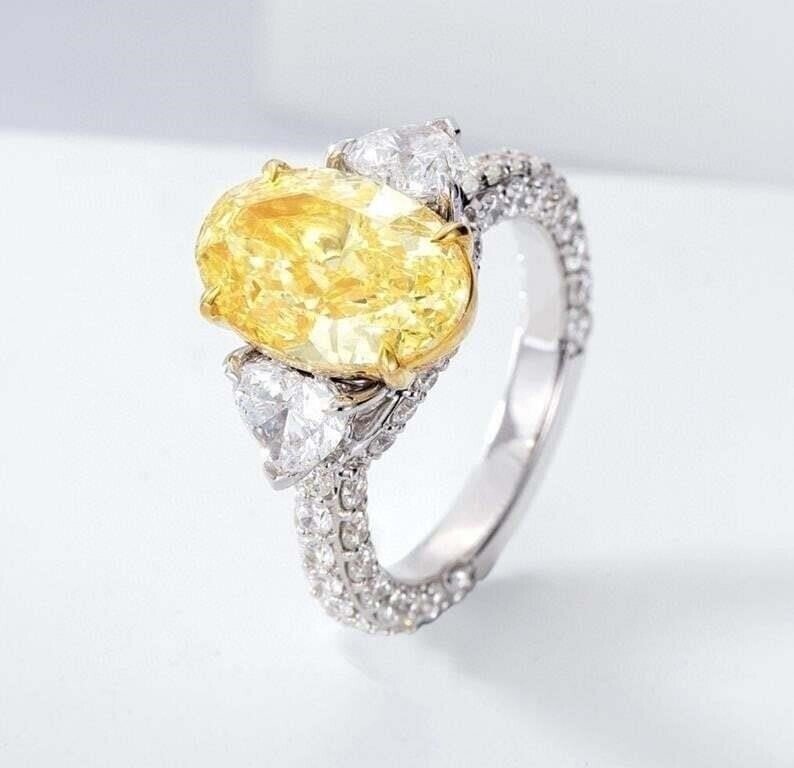 戒指 - 14K包金 白金, 黄金 -  5.00ct. tw. 钻石 (实验室培育) - 钻石 - 4.10Ct Vived Yellow #3.2