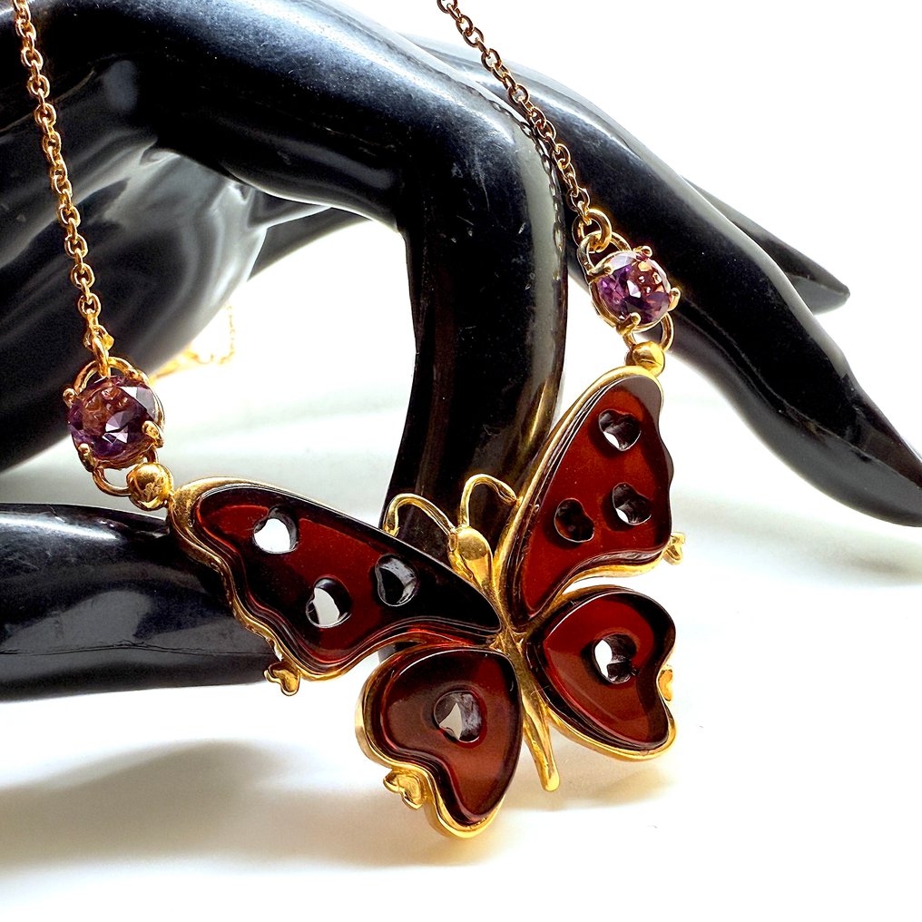 Μανταλάκι με χειροποίητη πεταλούδα από κεχριμπάρι σε ασήμι 925 10,1γρ. - Κεχριμπάρι - Succinite / fossilized pine tree resin #2.1