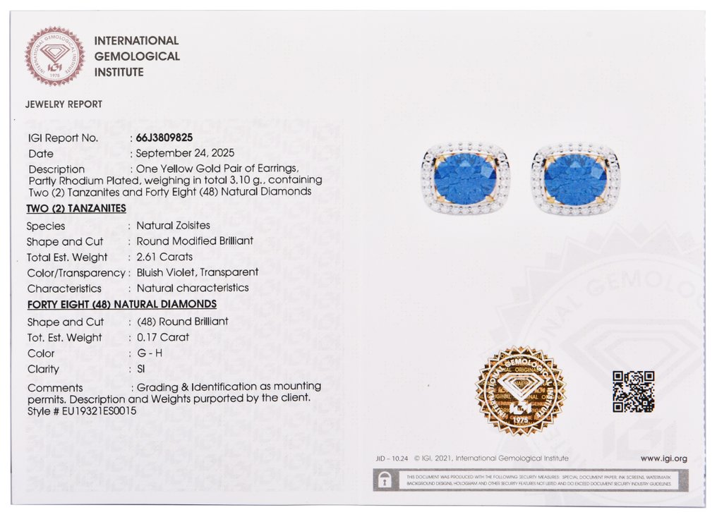 耳环 - 14K包金 黄金 -  2.78ct. tw. 坦桑石 - 钻石 #2.1