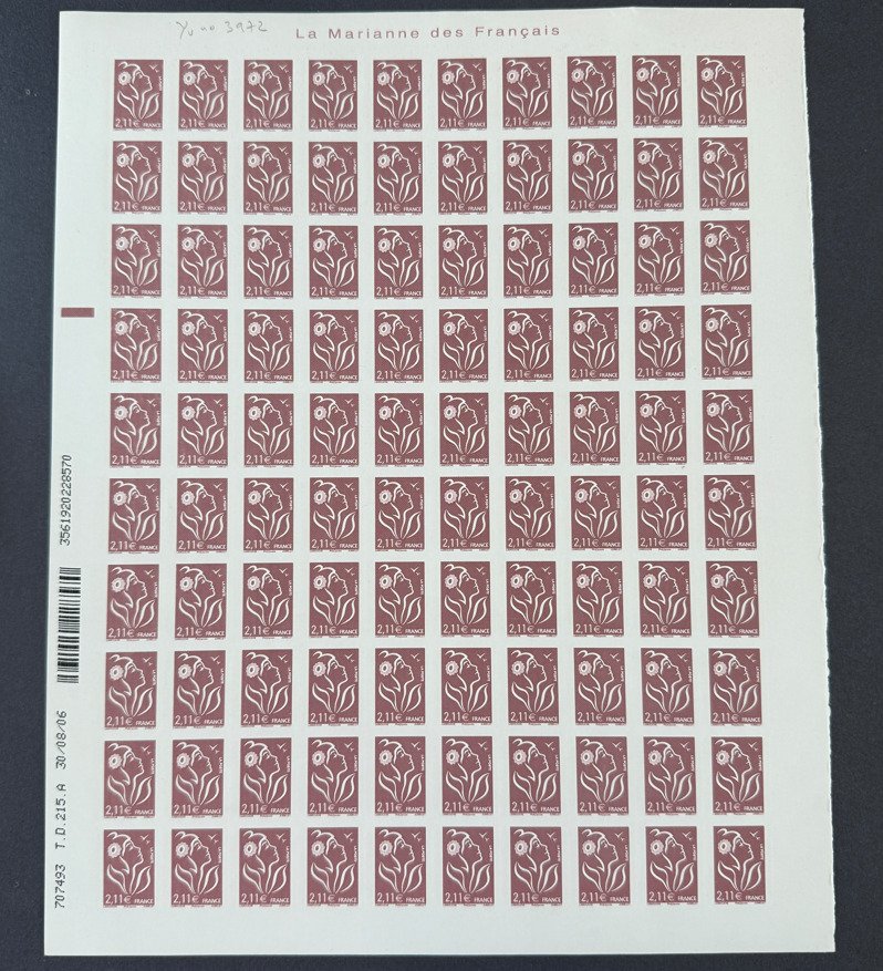 法国  - Yvert 3972b “Lamouche 2,11 €” 全张未齿新票 ** - TB #1.0