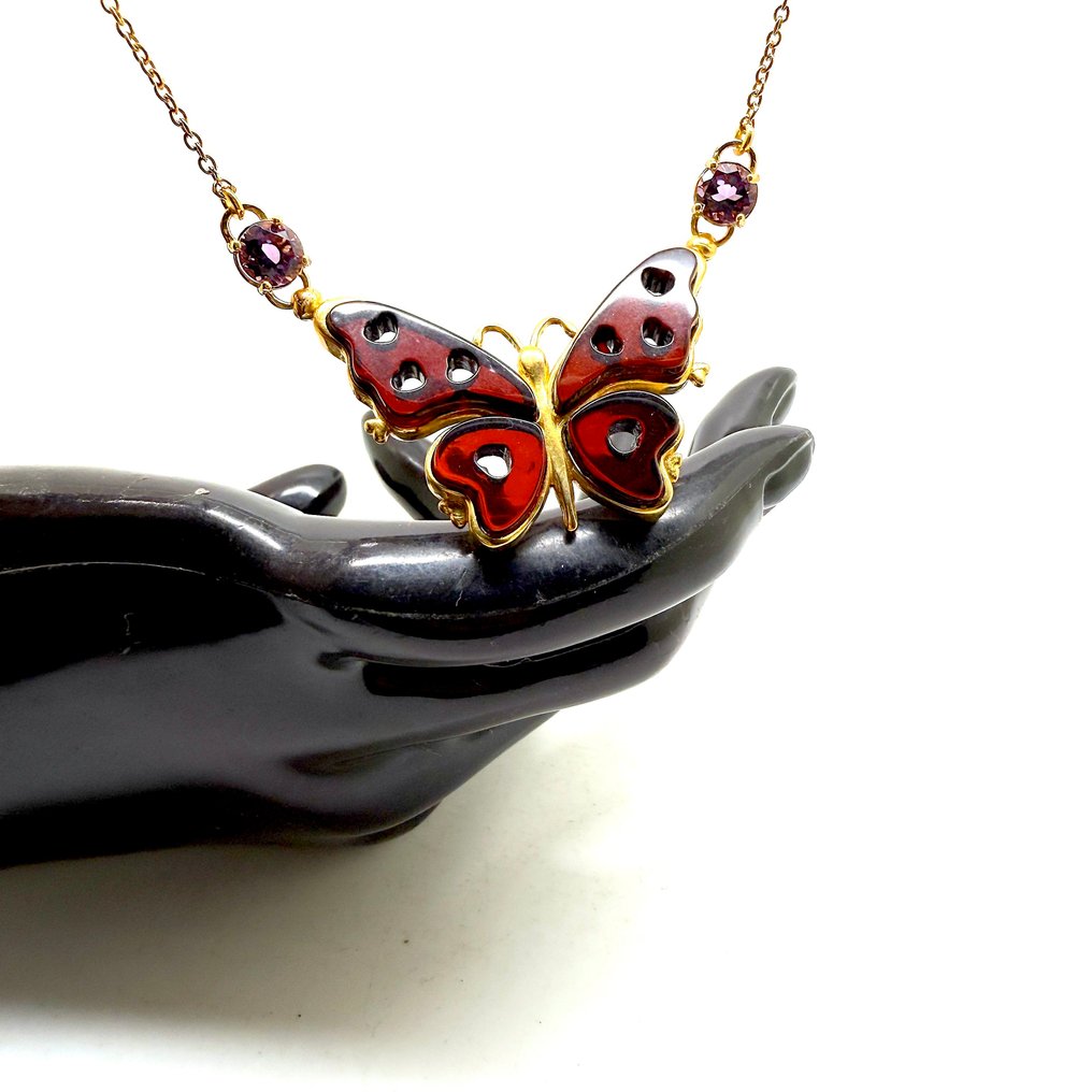 Μανταλάκι με χειροποίητη πεταλούδα από κεχριμπάρι σε ασήμι 925 10,1γρ. - Κεχριμπάρι - Succinite / fossilized pine tree resin #1.0