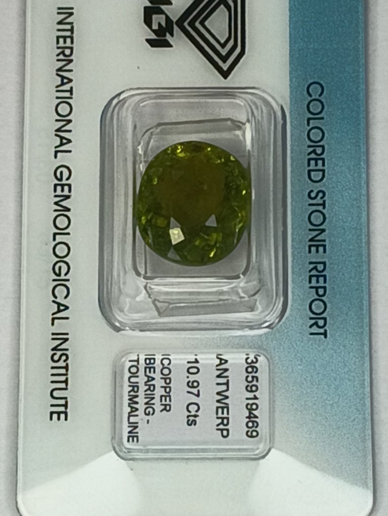 1 pcs Green, Yellow Tourmaline paraiba - 10.97 ct - International Gemological Institute (IGI) #2.1