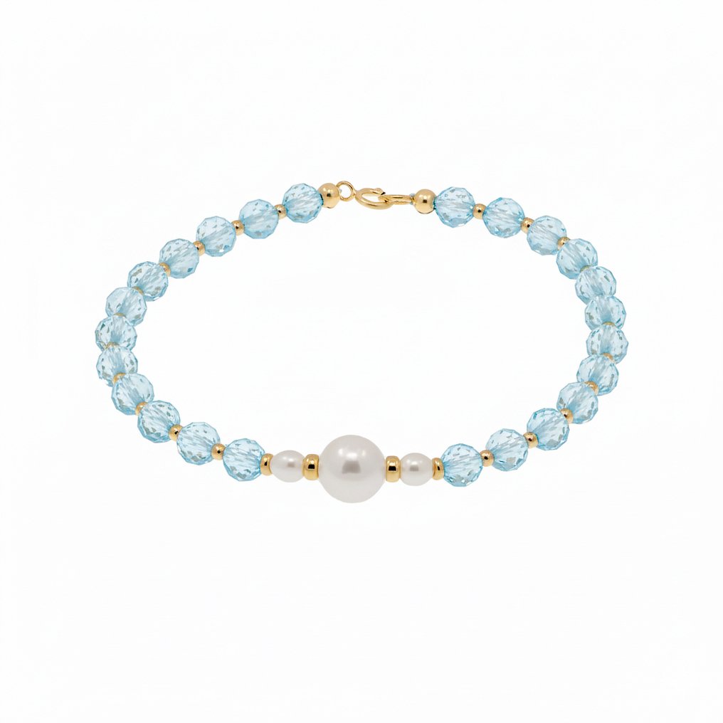 χωρίς τιμή ασφαλείας - Βραχιόλι - 18 καράτια Κίτρινο χρυσό Μαργαριτάρι - Ακουαμαρίνης #2.1