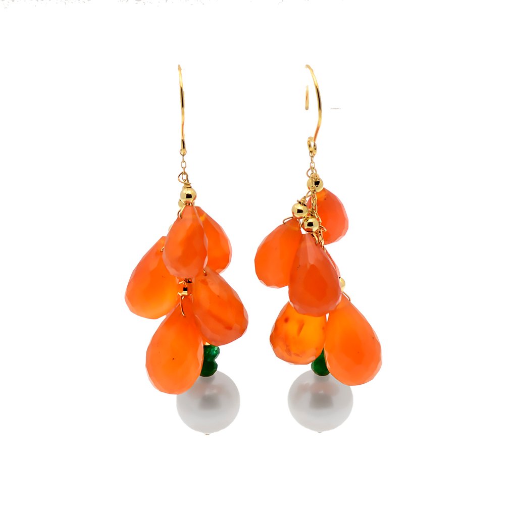 没有保留价 - 耳环 - 18K包金 黄金 珍珠 - 火蛋白石 - 翡翠 #1.0