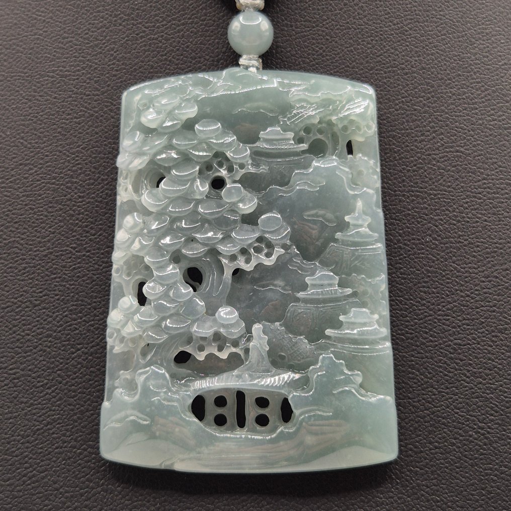 Νεφρίτης - Πιστοποιημένο φυσικό κρεμαστό με σκαλιστό πράσινο Jadeite και αλυσίδα. - Κολιέ με μενταγιόν #1.0