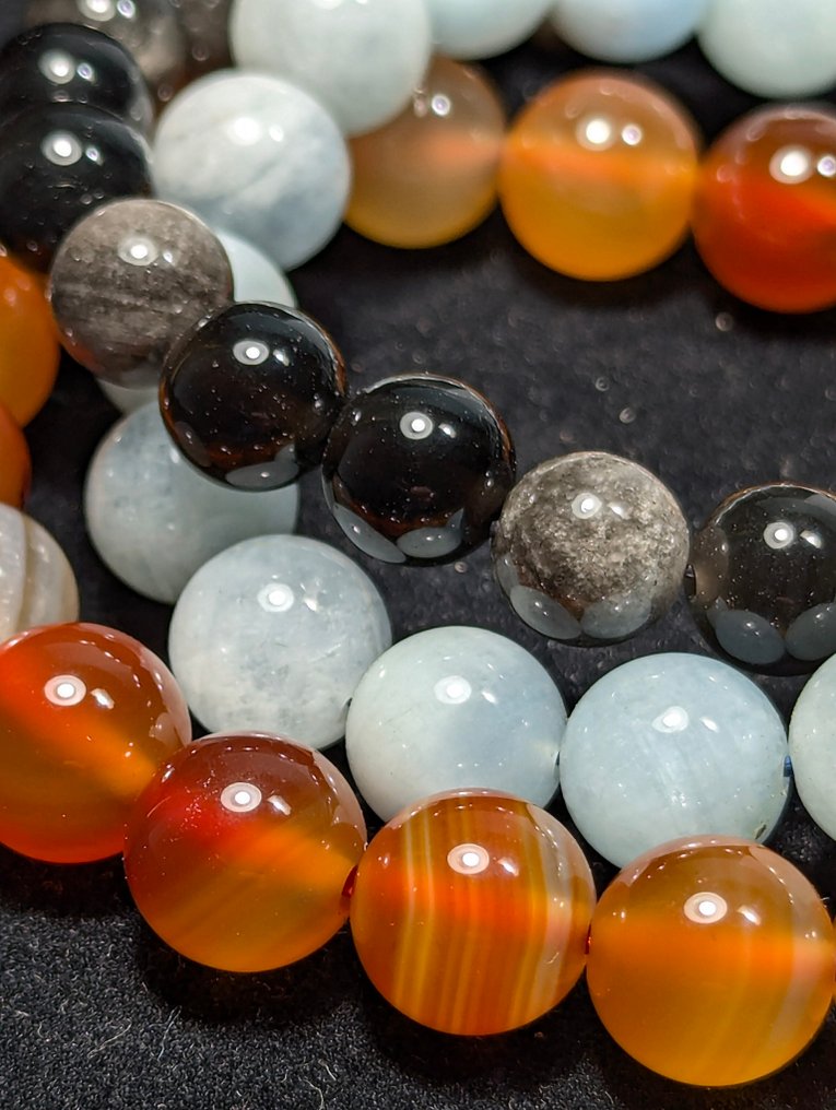 3条美丽的红玉髓玛瑙、海蓝宝和银光黑曜石球形手链。 球体 - 高度: 10 mm- 69 g - (3) #1.0