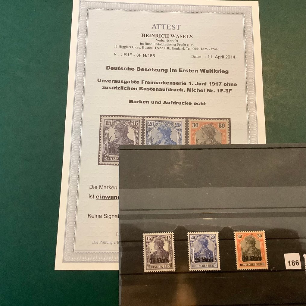 Német Birodalom - Románia megszállása (1917-1918) 1917 - Első kibocsátás szekrénynyomtatás nélkül - hibátlan fotóhitelesítéssel a Wasels BPP-től. - Michel 1F/3F #1.0