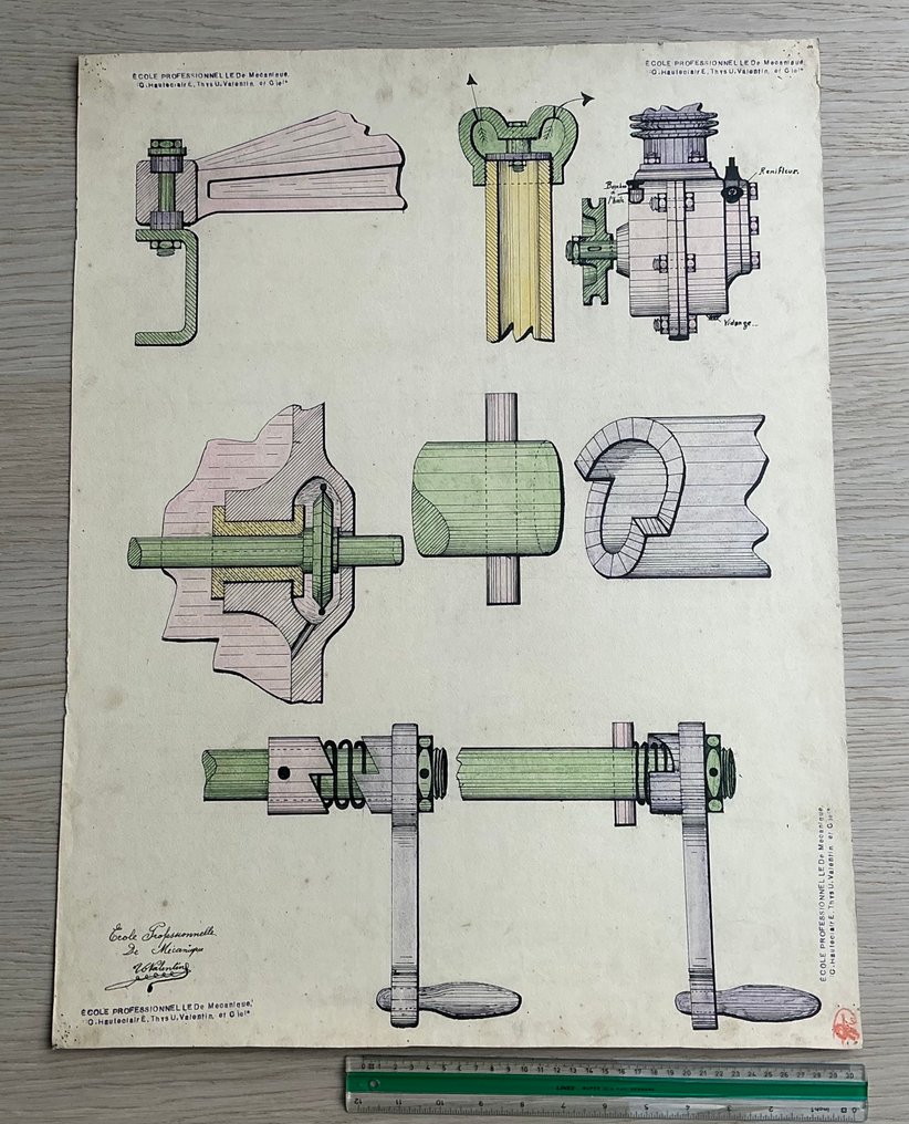 Ulysse Valentin - Originele technische tekening – “Détails mécaniques divers – pièces de moteur et transmissions” #1.0