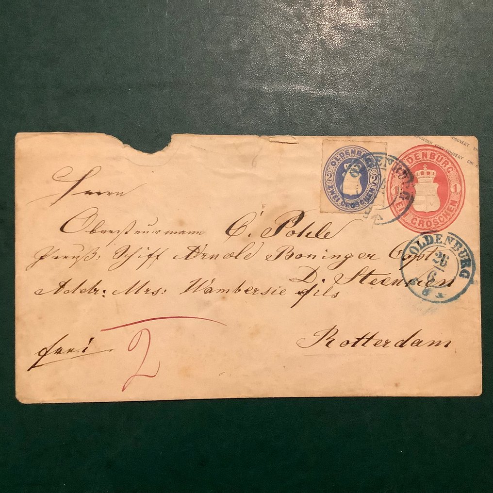 Oldenburg 1862 - 2 Groschen coat of arms as additional postage on pre-stamped envelope. - Michel 18 en V10 #1.0