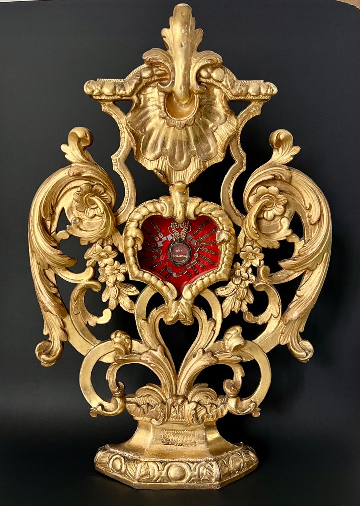  圣骨箱 - 纺织品, 玻璃, 木 - 1750-1800年 - D.N.J.C. 苦难柱 - 46 厘米  #1.0