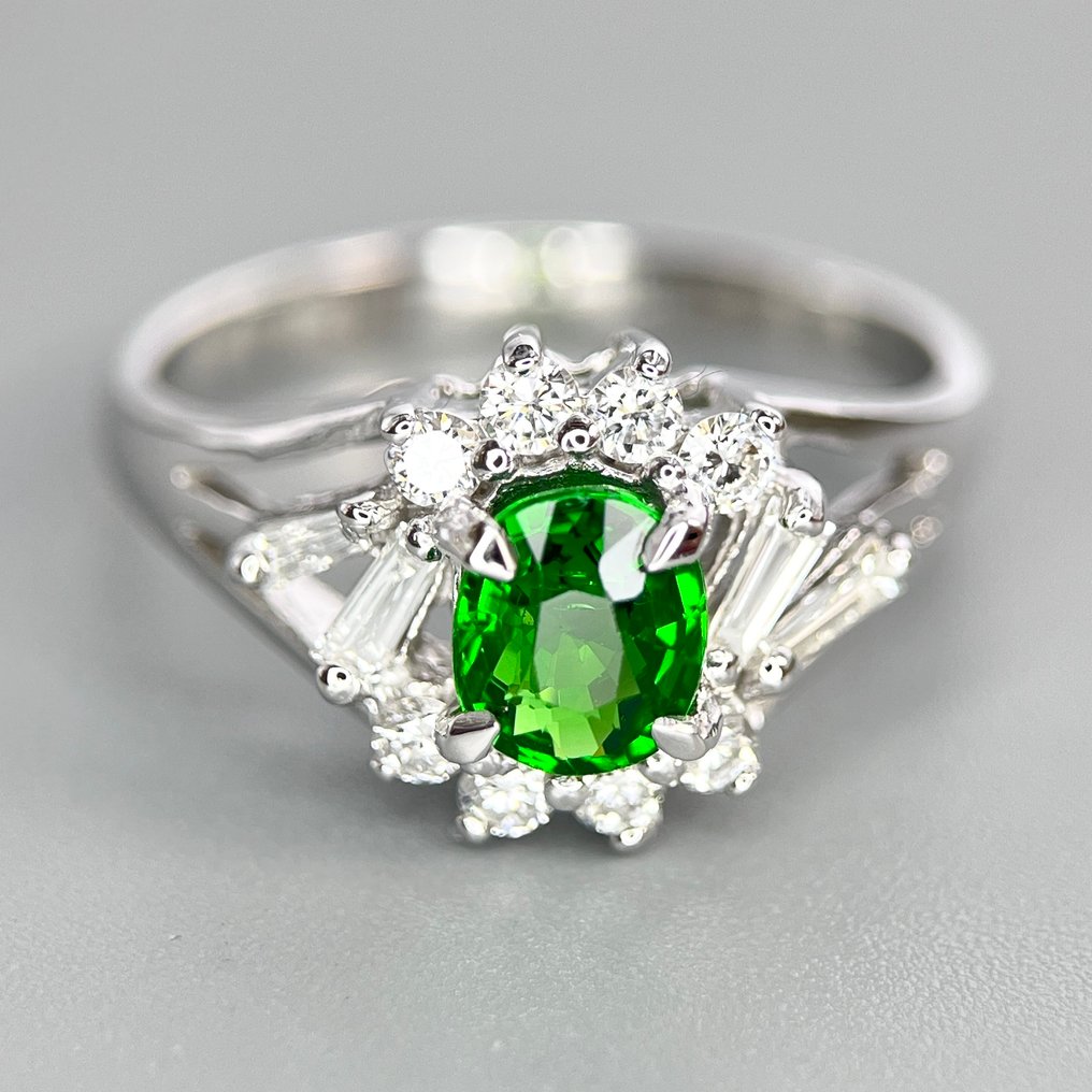 Inel - 14 ct. Aur alb Tsavorite - Diamant #1.0