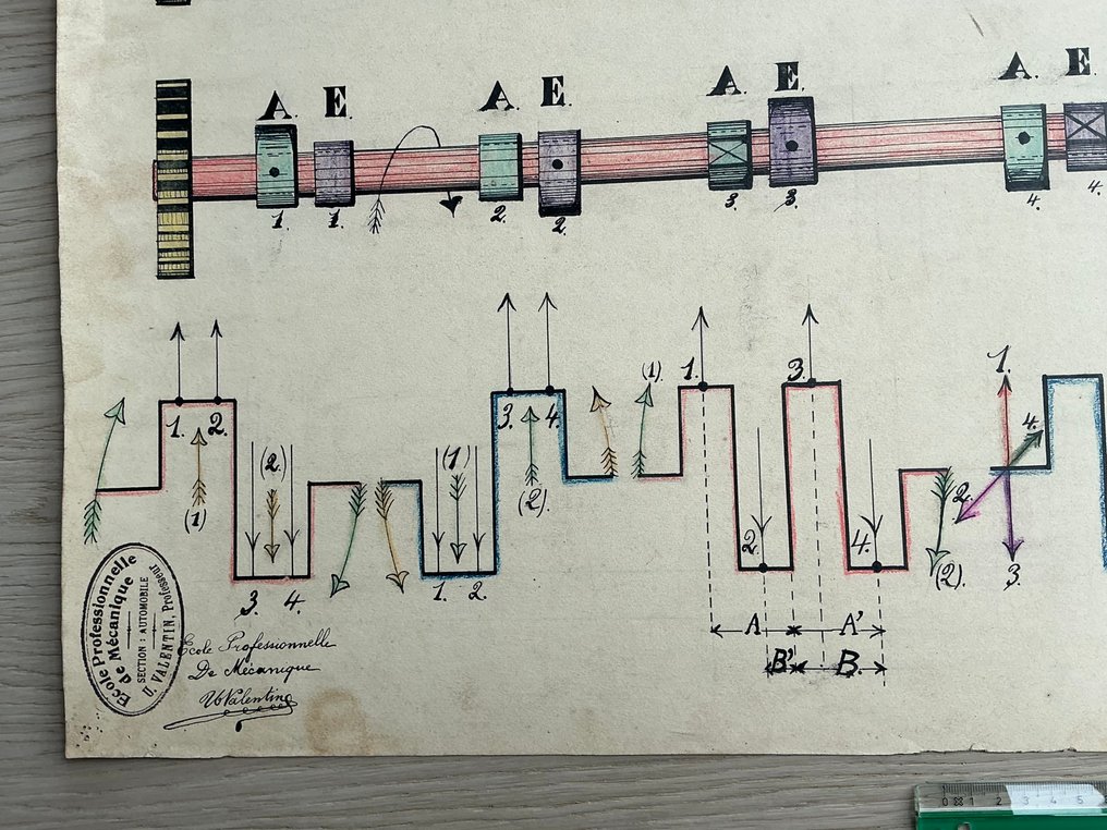 Ulysse Valentin - Originele technische tekening – “Diagramme de distribution – Arbres à cames et engrenages” c1910/20 #3.2