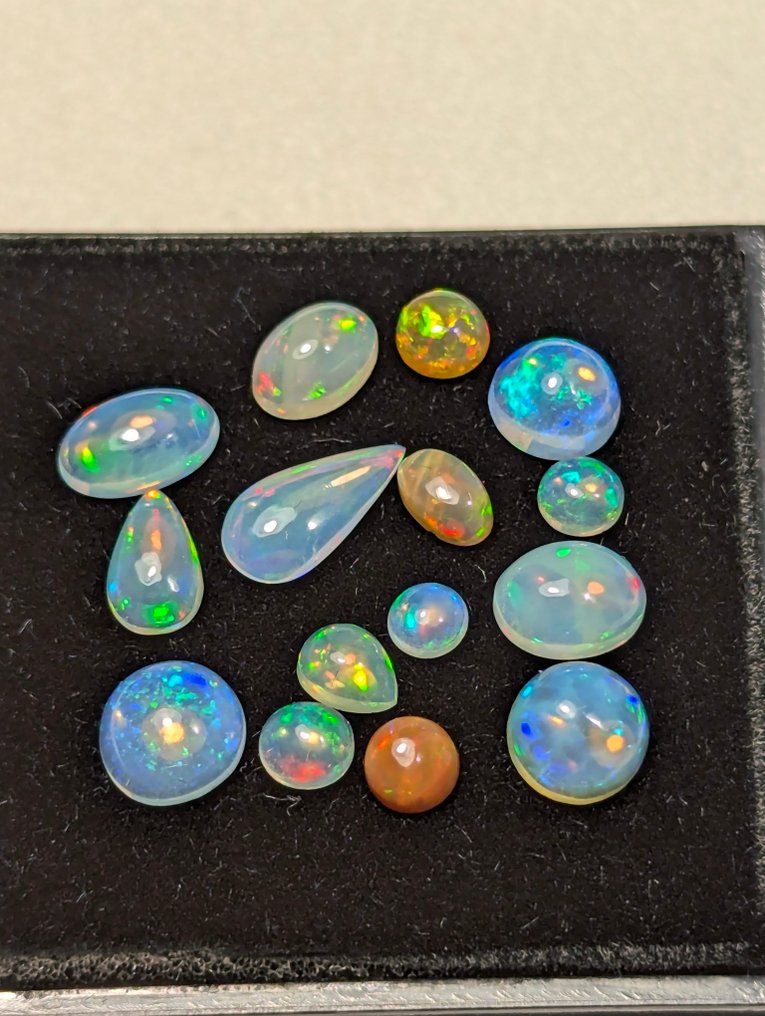 5.2 CT - 15x Natural Noble Welo Opals, with beautiful play of colors. Cabochon - Height: 9 mm - Width: 3 mm- 1.04 g - (15) #4.3