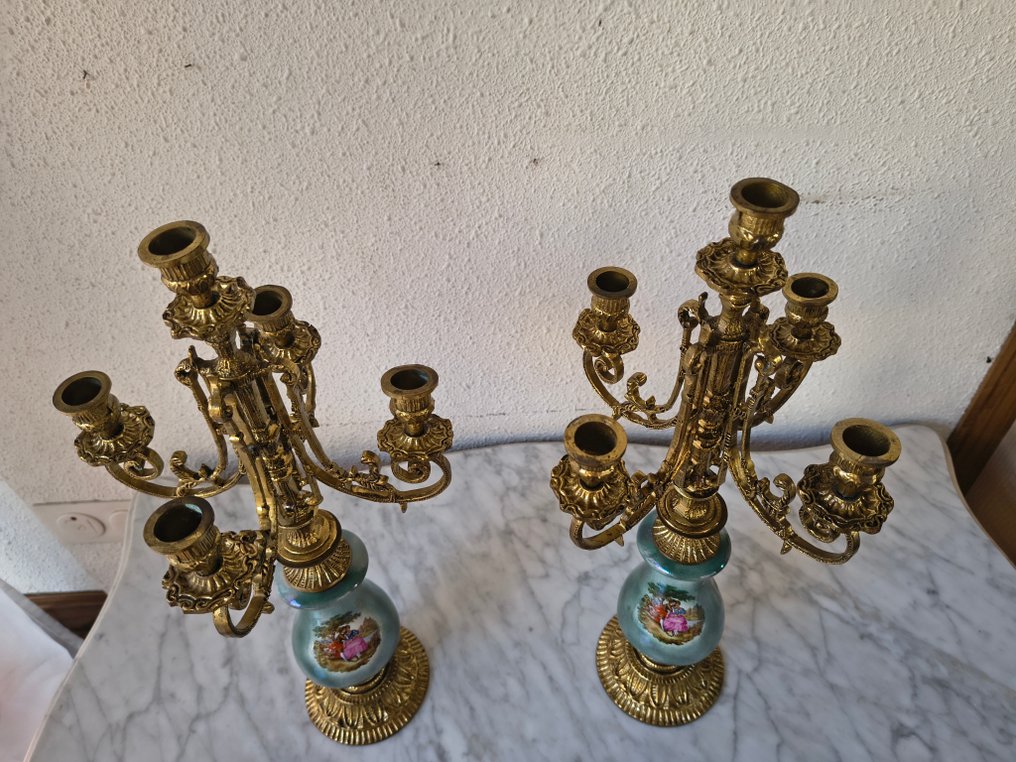 枝状大烛台 (2) - 黄铜色, 瓷 - 一对烛台 #3.2