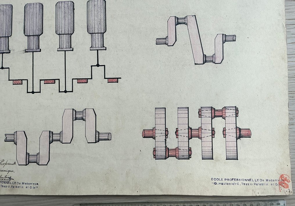 Ulysse Valentin - Originele technische tekening – “Vilebrequin (krukas) et distribution moteur” c1910/20 #3.2