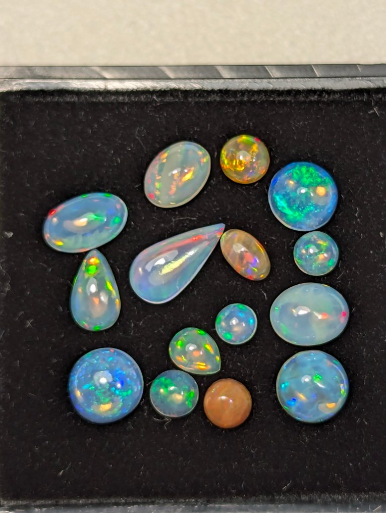 5.2 CT - 15x Natural Noble Welo Opals, with beautiful play of colors. Cabochon - Height: 9 mm - Width: 3 mm- 1.04 g - (15) #2.1