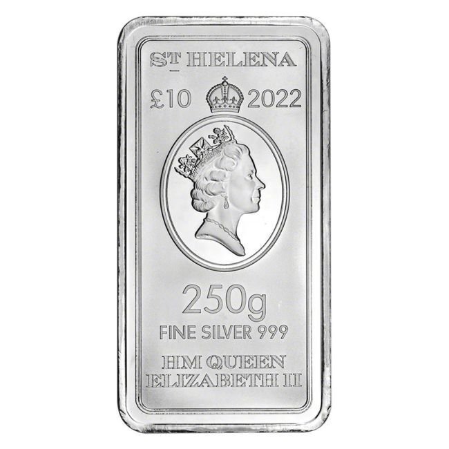250 grams - Silver .999 - 2022 250g £10 GBP St Helena East India Co. Ship 999 Fine Silver Coin Bar #1.0
