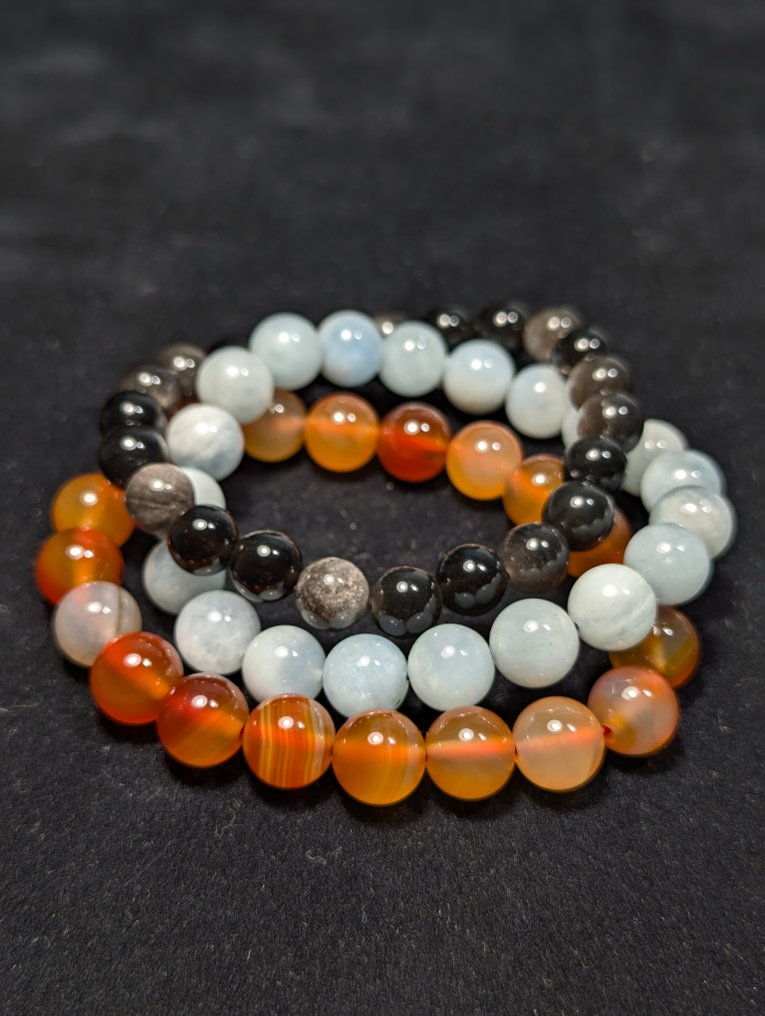 3条美丽的红玉髓玛瑙、海蓝宝和银光黑曜石球形手链。 球体 - 高度: 10 mm- 69 g - (3) #2.1