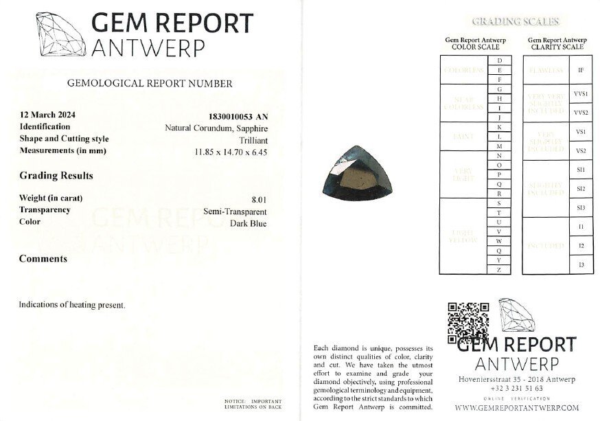 Fără preț de rezervă Safir - 8.01 ct - GRA (Laboratorul de analiză a pietrelor prețioase din Anvers) - Albastru închis #4.3