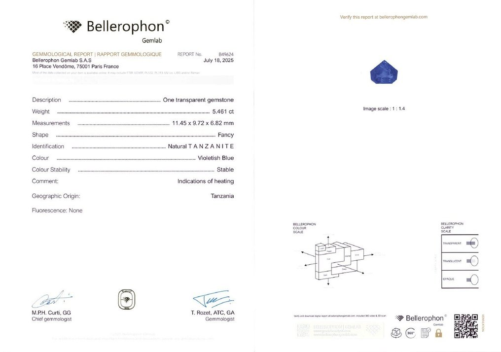 No reserve price Tanzanite - 5.46 ct - Bellerophon Gemlab - Violetish blue #4.3