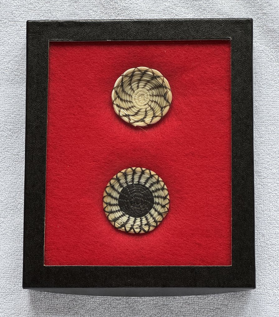 Two miniature baskets made of horsehair in a display case (rare) - Tohono O'Odham (Papago) - U.S. (No Reserve Price) #1.0