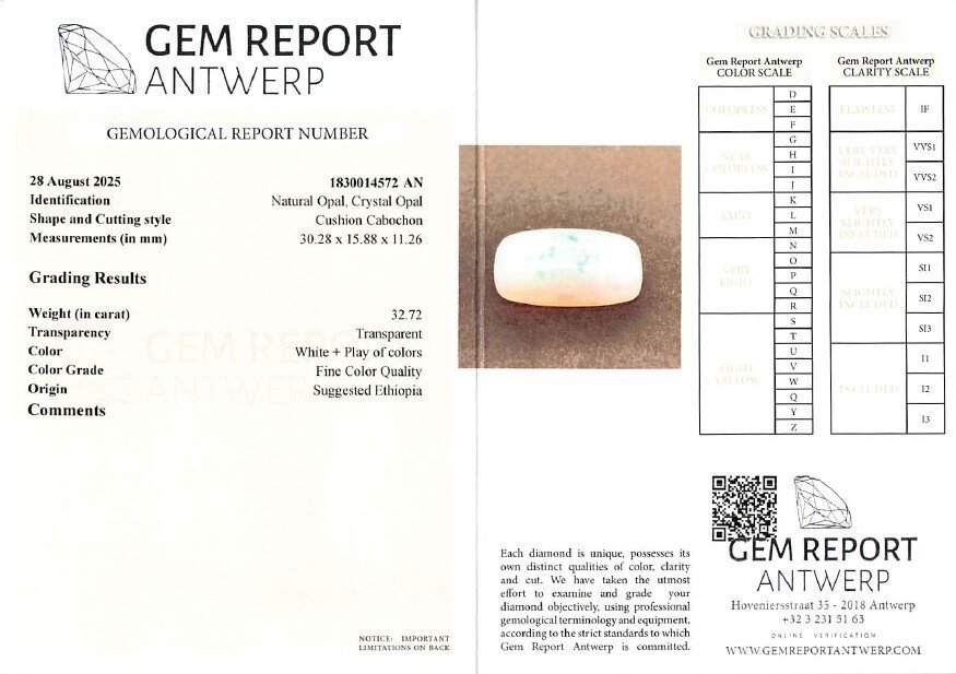Nincs minimálár Opál - 32.72 ct - Gem Report Antwerpen (GRA) - Fehér 'Színek játéka' #4.3