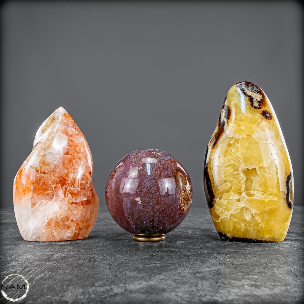 光辉的元素交响曲 一套非凡的宝石组合，由火焰石、玛瑙和Septarie组成- 1639.99 g - (3) #4.3