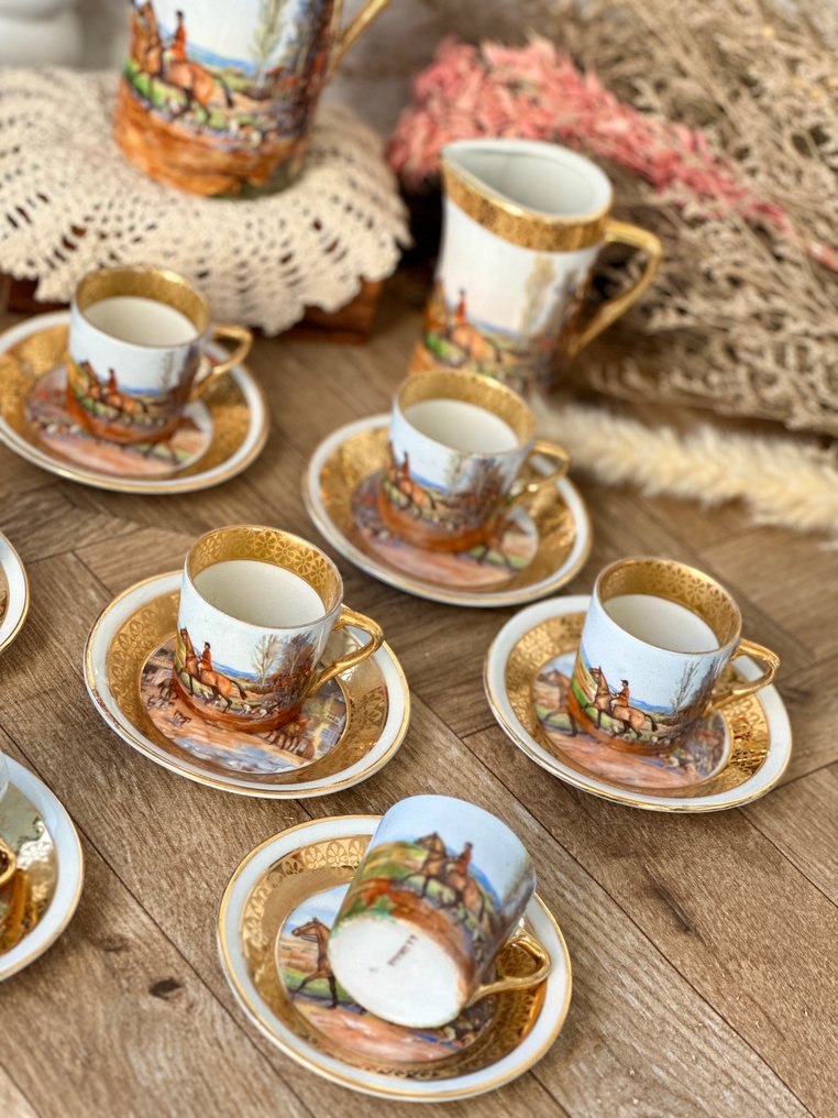 Limoges - 10人用咖啡套装 - 瓷 - 装饰的狩猎场景 #4.3