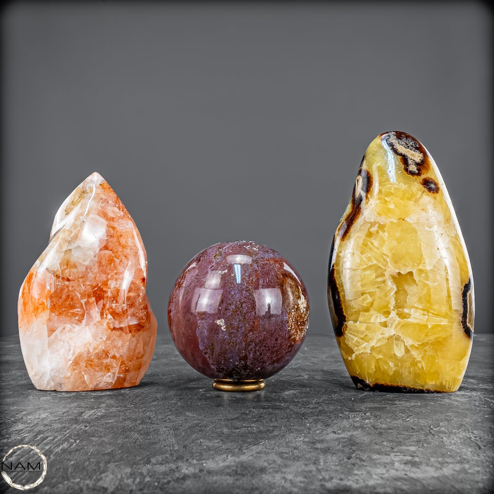 光辉的元素交响曲 一套非凡的宝石组合，由火焰石、玛瑙和Septarie组成- 1639.99 g - (3) #1.0