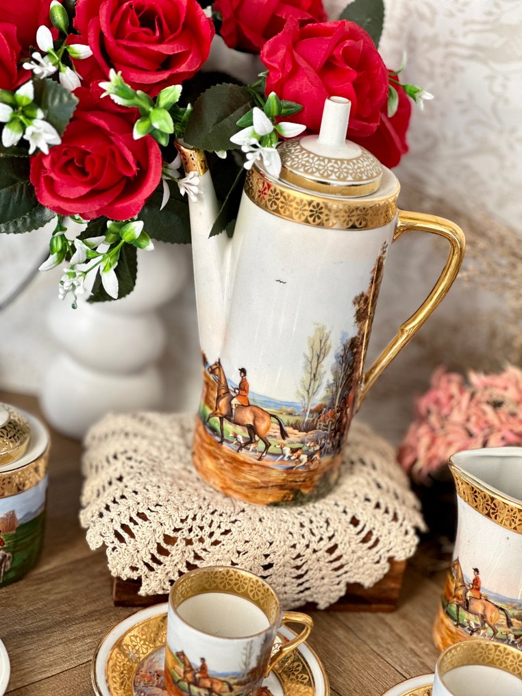 Limoges - 10人用咖啡套装 - 瓷 - 装饰的狩猎场景 #2.1