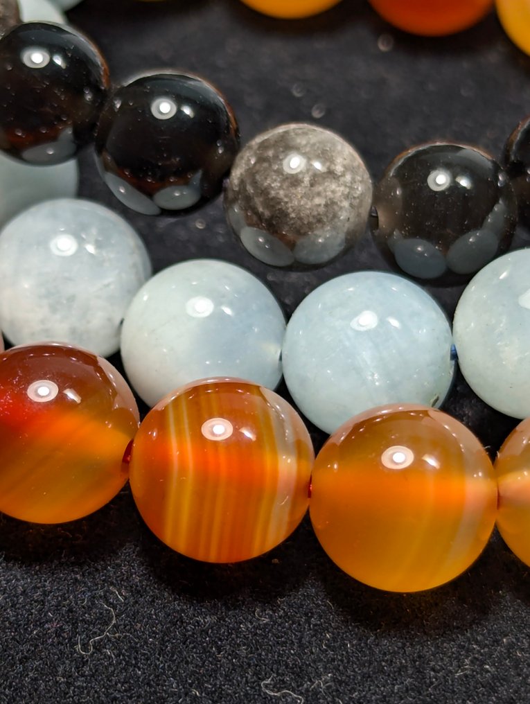 3条美丽的红玉髓玛瑙、海蓝宝和银光黑曜石球形手链。 球体 - 高度: 10 mm- 69 g - (3) #3.2