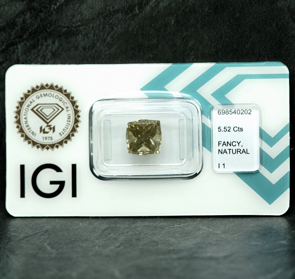 1 pcs Diamond  (Natural coloured)  - 5.52 ct - Square - Fancy Greyish Yellow - I1 - International Gemological Institute (IGI) #1.0