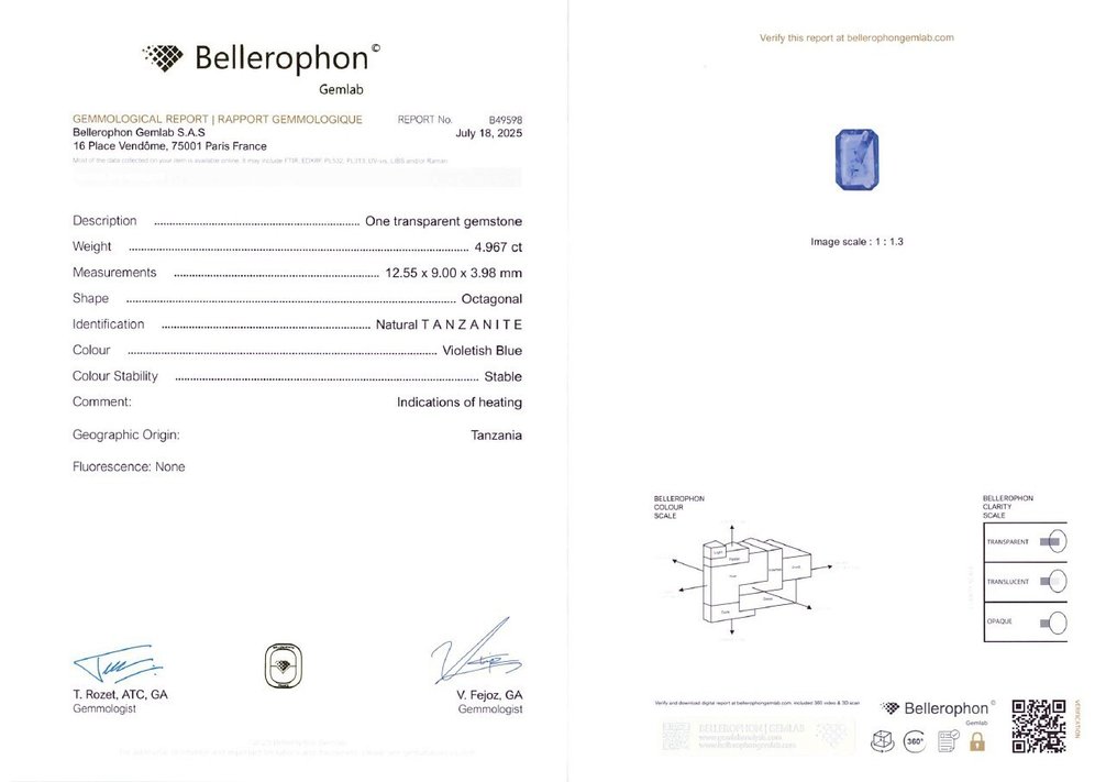没有保留价 坦桑石  - 4.96 ct - Bellerophon 宝石实验室 - 紫蓝色 #4.3