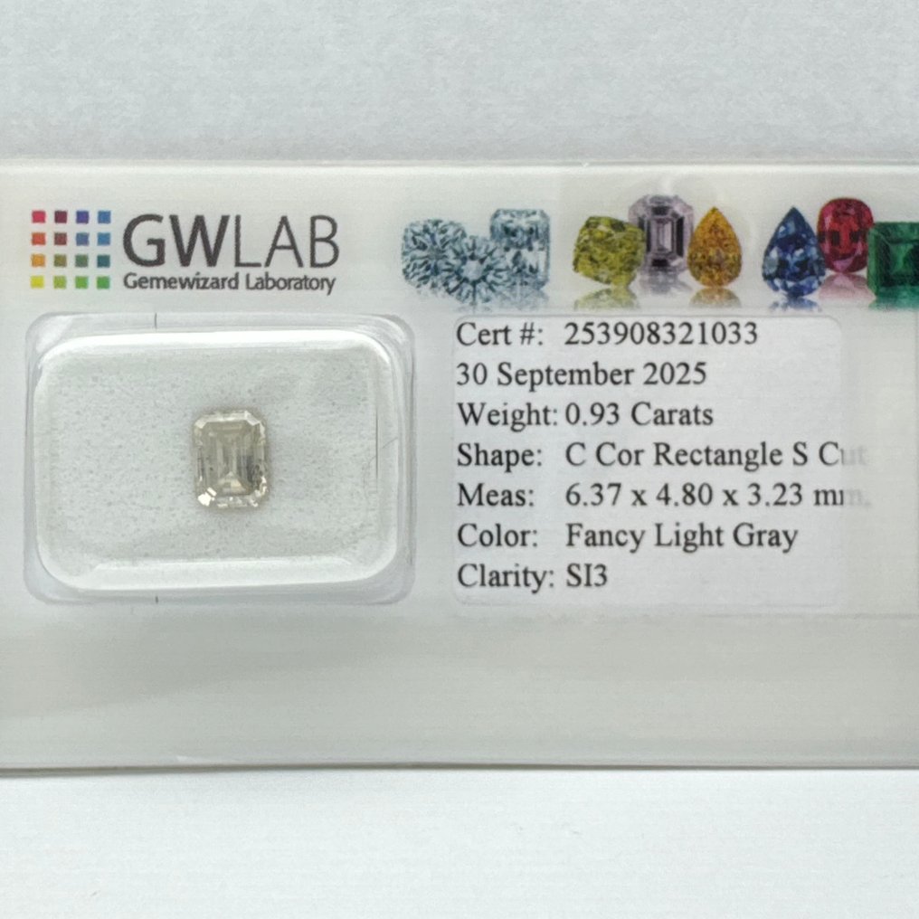 Sin precio de reserva - 1 pcs Diamante (Color natural) - 0.93 ct - Rectángulo - Fancy light Gris - SI3 - Gemewizard Gemological Laboratory (GWLab) #1.0