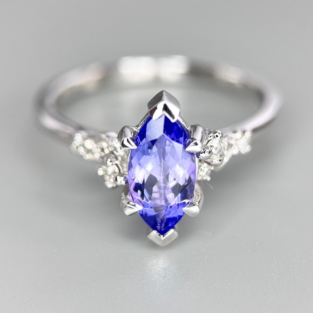 Anel - 14 K Ouro branco Tanzanita - Diamante #1.0