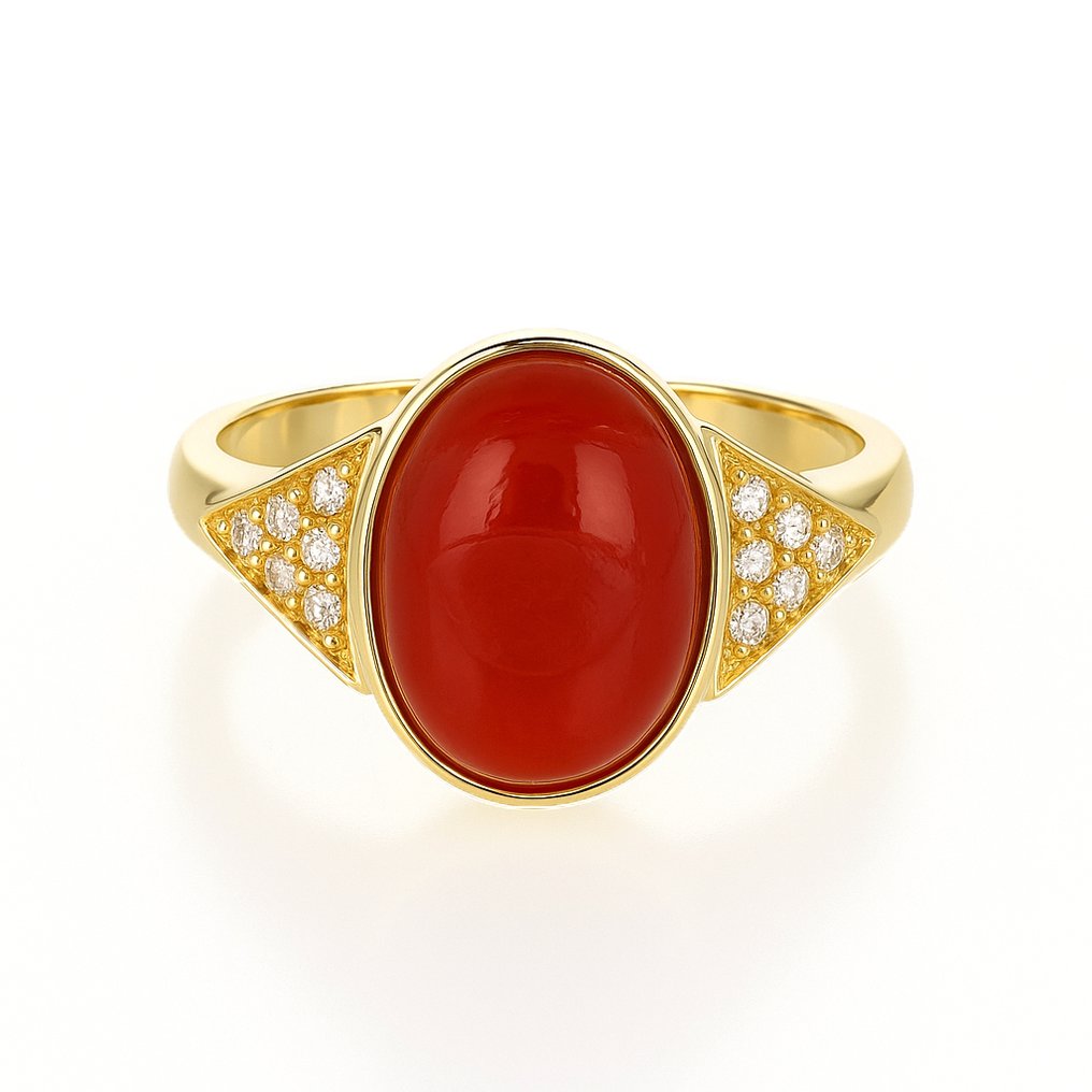 Gyűrű - 18 kt. Sárga arany Korall - Gyémánt #1.0